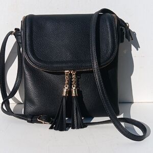Thaila Double Tassel Flap Elegant Black Leather Crossbody Bag Size 10×9